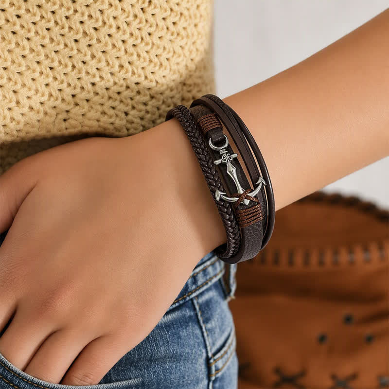 Nautical Anchor Adjustable Snap Button Leather Bracelet - image 1