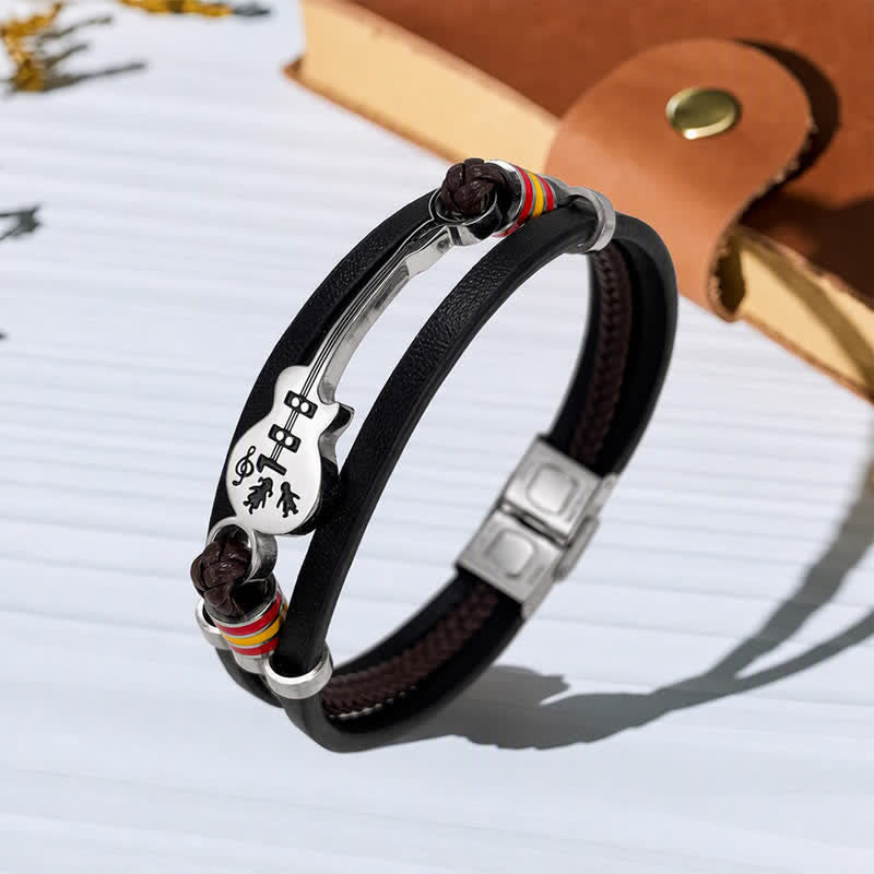 Acoustic Guitar Charm Punk Rock Adjustable Leather Bracelet - Black - image 0