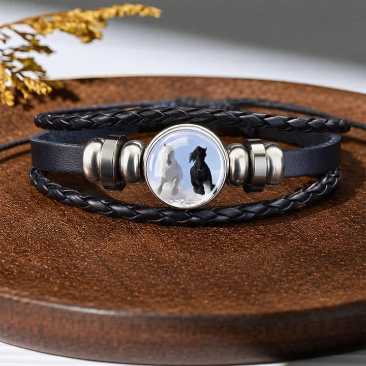 Animal Horse Head Charm Glass Beaded Adjustable Leather Bracelet - Two Horse - image 0