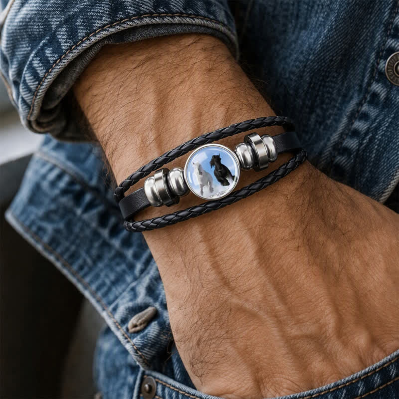Animal Horse Head Charm Glass Beaded Adjustable Leather Bracelet - image 1