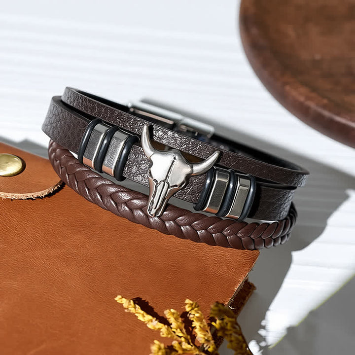 Western Cowboy Bull Head Multi-layer Braided Leather Bracelet - image 5