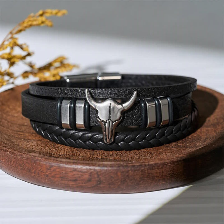 Western Cowboy Bull Head Multi-layer Braided Leather Bracelet - Black - image 0