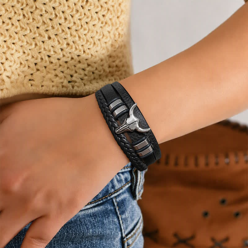 Western Cowboy Bull Head Multi-layer Braided Leather Bracelet - image 2