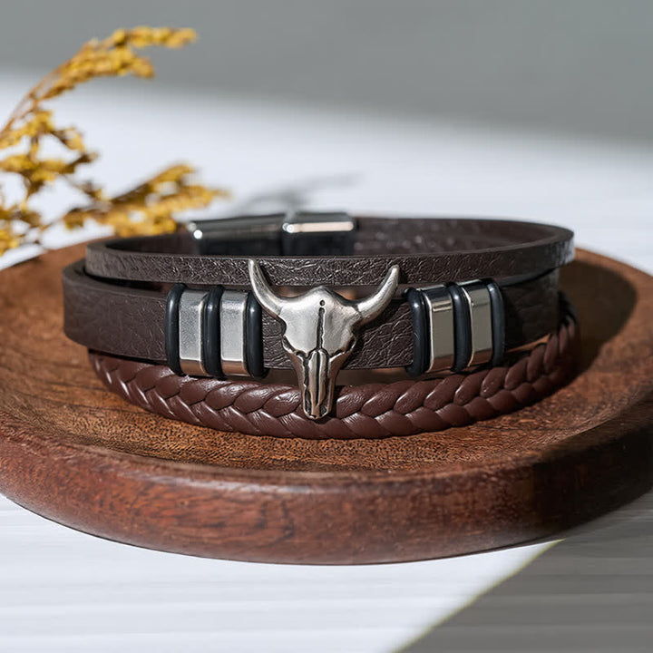 Western Cowboy Bull Head Multi-layer Braided Leather Bracelet - Coffee - image 3