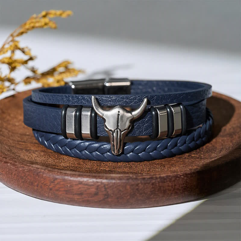 Western Cowboy Bull Head Multi-layer Braided Leather Bracelet - Royal Blue - image 7