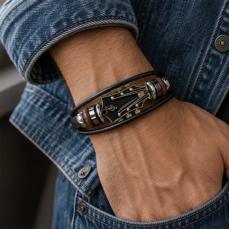 Electric Guitar Head Alloy Leather Bracelet - image 1