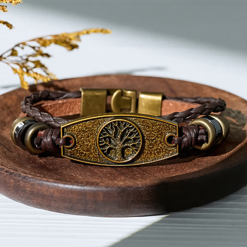Antique Bronze Vintage Multi-Layer Braided Leather Bracelet - Tree Of Life - image 9