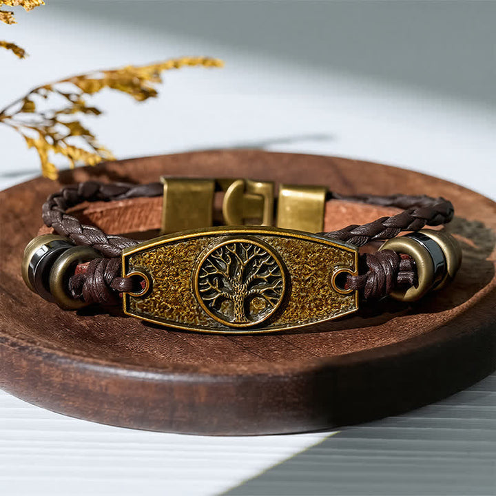Antique Bronze Vintage Multi-Layer Braided Leather Bracelet - Tree Of Life - image 9