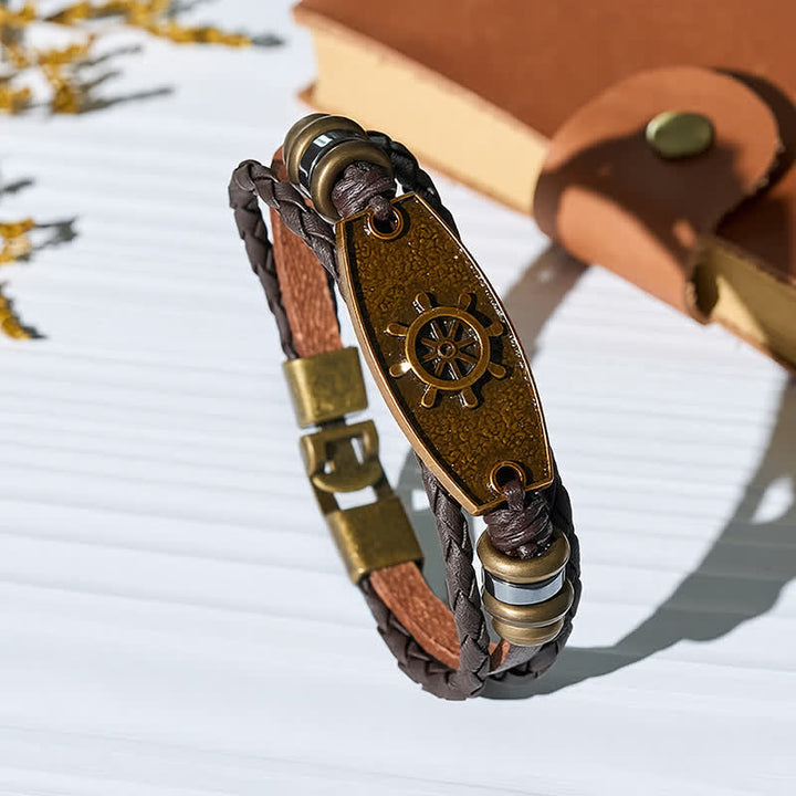 Antique Bronze Vintage Multi-Layer Braided Leather Bracelet - Rudder - image 8
