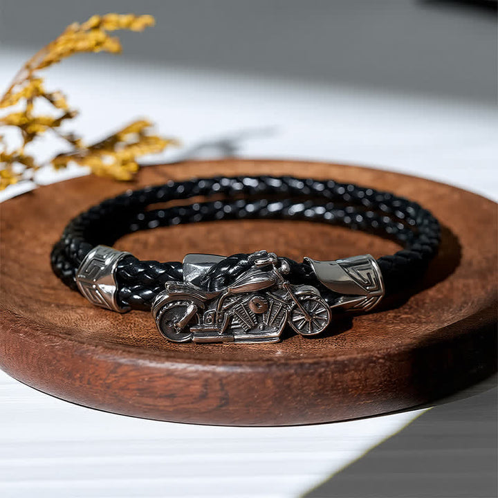 Punk Retro Biker Motorcycle Pattern Leather Bracelet - Black - image 0
