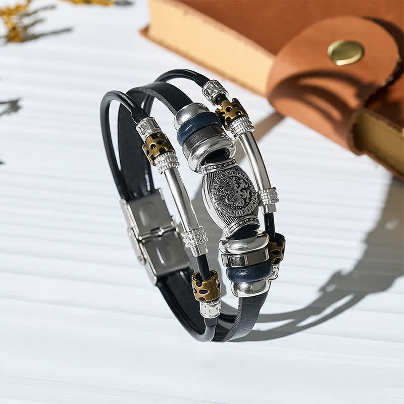 Vintage Viking Style Multi-Layer Leather Bracelet - Black - image 0