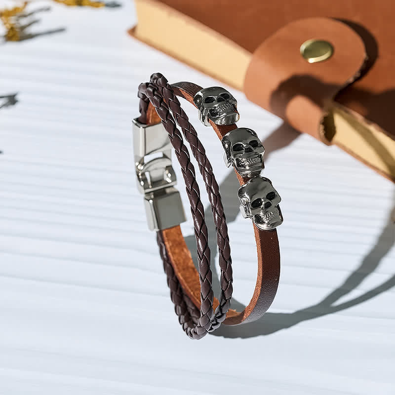 Double Layer Braided Skull Vintage Punk Leather Bracelet - Brown - image 0