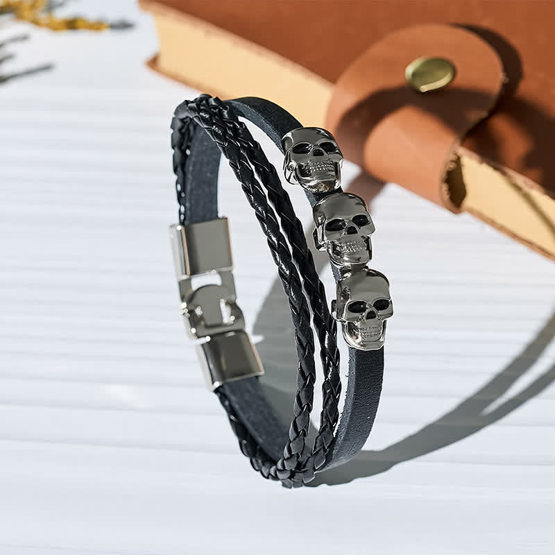 Double Layer Braided Skull Vintage Punk Leather Bracelet - Black - image 3