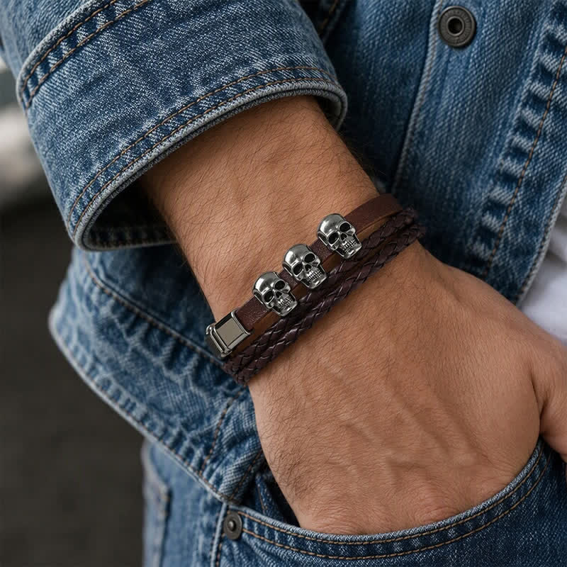 Double Layer Braided Skull Vintage Punk Leather Bracelet - image 2