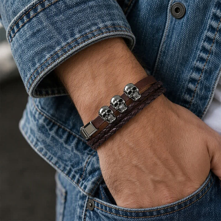 Double Layer Braided Skull Vintage Punk Leather Bracelet - image 2