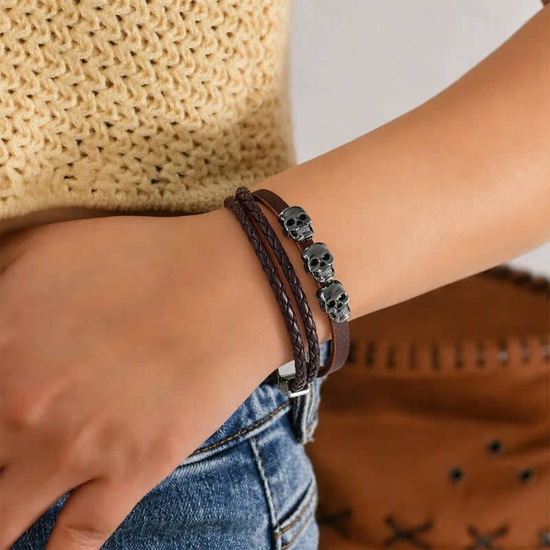 Double Layer Braided Skull Vintage Punk Leather Bracelet - image 1