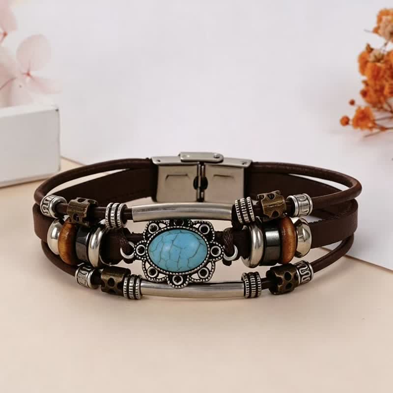 Handmade Braided Boho Turquoise Charm Leather Bracelet - Style#5 - image 7