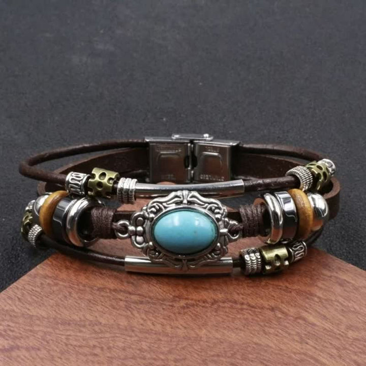 Handmade Braided Boho Turquoise Charm Leather Bracelet - Style#6 - image 8