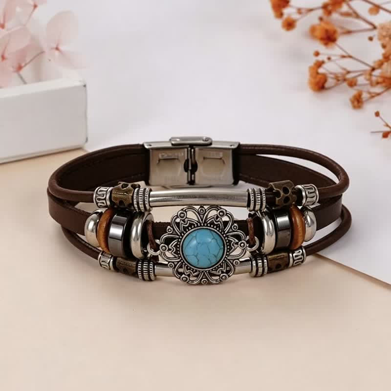 Handmade Braided Boho Turquoise Charm Leather Bracelet - Style#3 - image 5