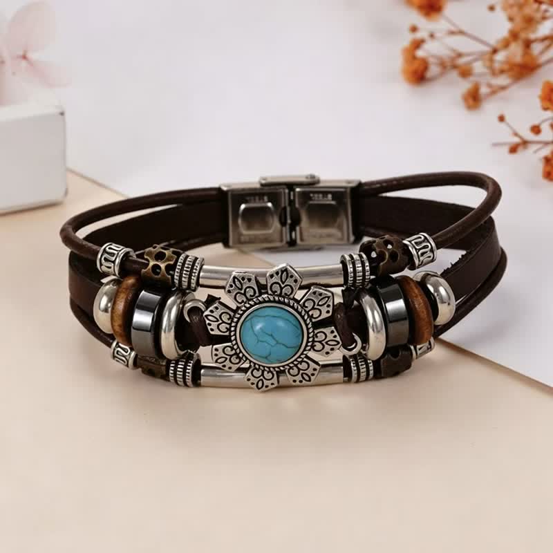 Handmade Braided Boho Turquoise Charm Leather Bracelet - Style#4 - image 6