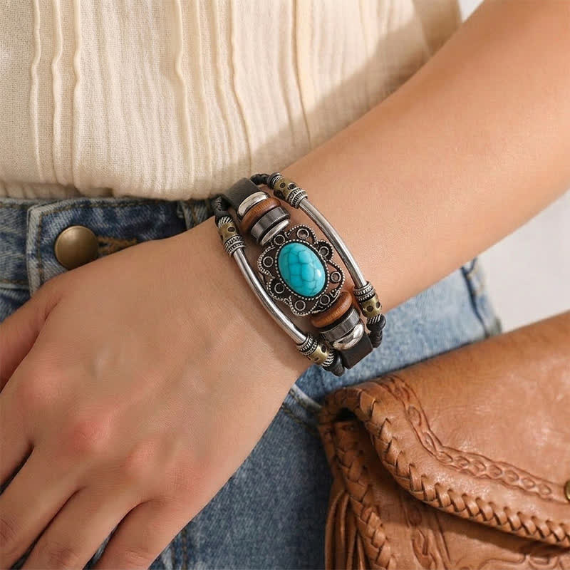 Handmade Braided Boho Turquoise Charm Leather Bracelet - image 2