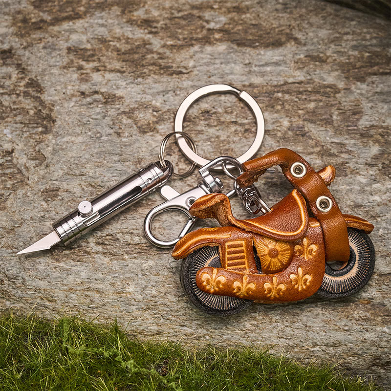 EDC Mini Retractable Utility Knife & Vintage Leather Motorcycle Keychain - image 3