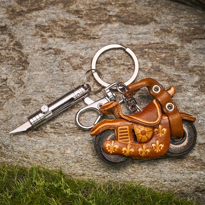 EDC Mini Retractable Utility Knife & Vintage Leather Motorcycle Keychain - image 3