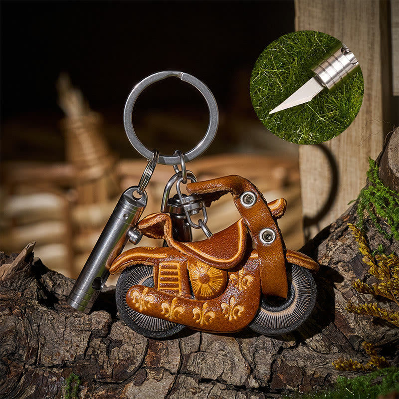 EDC Mini Retractable Utility Knife & Vintage Leather Motorcycle Keychain - Style#1 - image 0