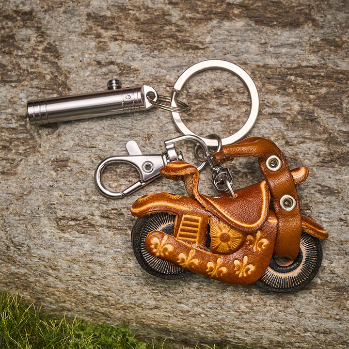 EDC Mini Retractable Utility Knife & Vintage Leather Motorcycle Keychain - image 2