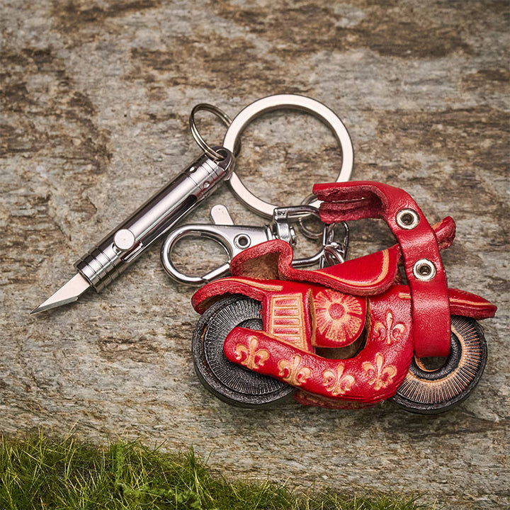 EDC Mini Retractable Utility Knife & Vintage Leather Motorcycle Keychain - image 6