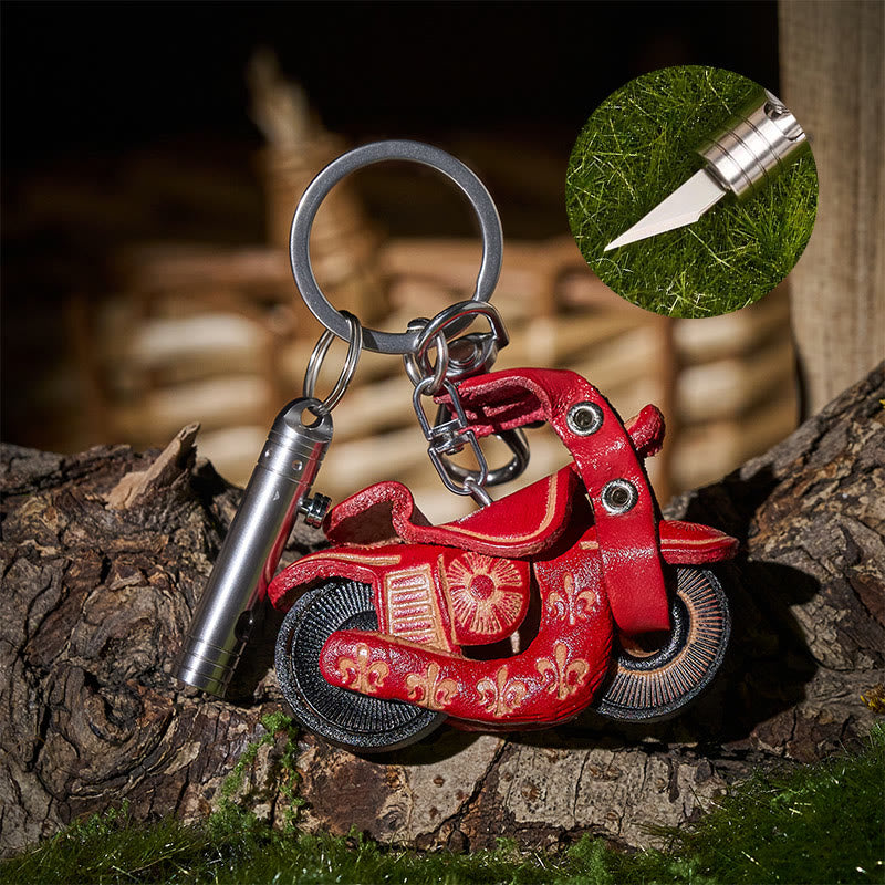 EDC Mini Retractable Utility Knife & Vintage Leather Motorcycle Keychain - Style#2 - image 4
