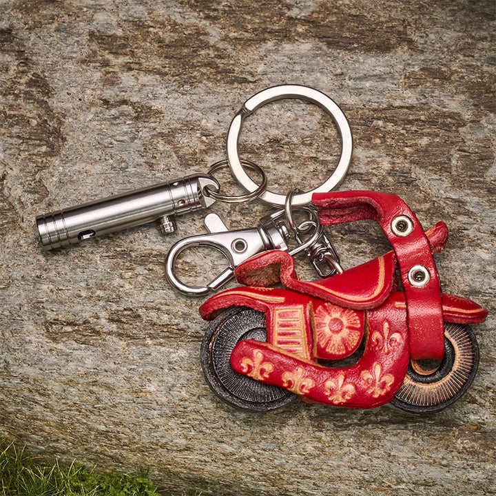 EDC Mini Retractable Utility Knife & Vintage Leather Motorcycle Keychain - image 5