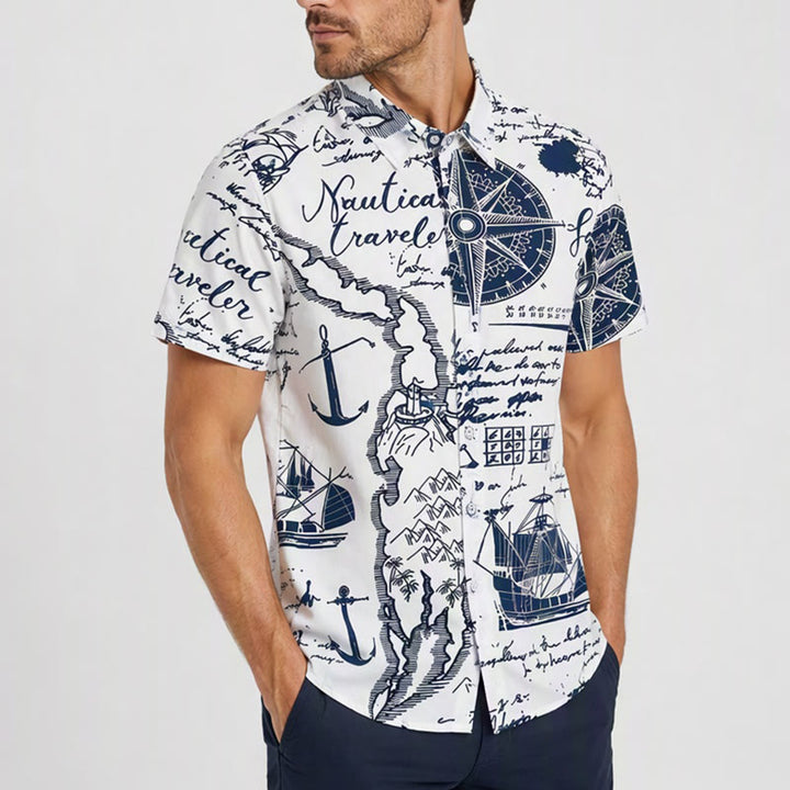 Men's Vintage Nautical Sketch Hawaiian Short Sleeve Shirt - image 3