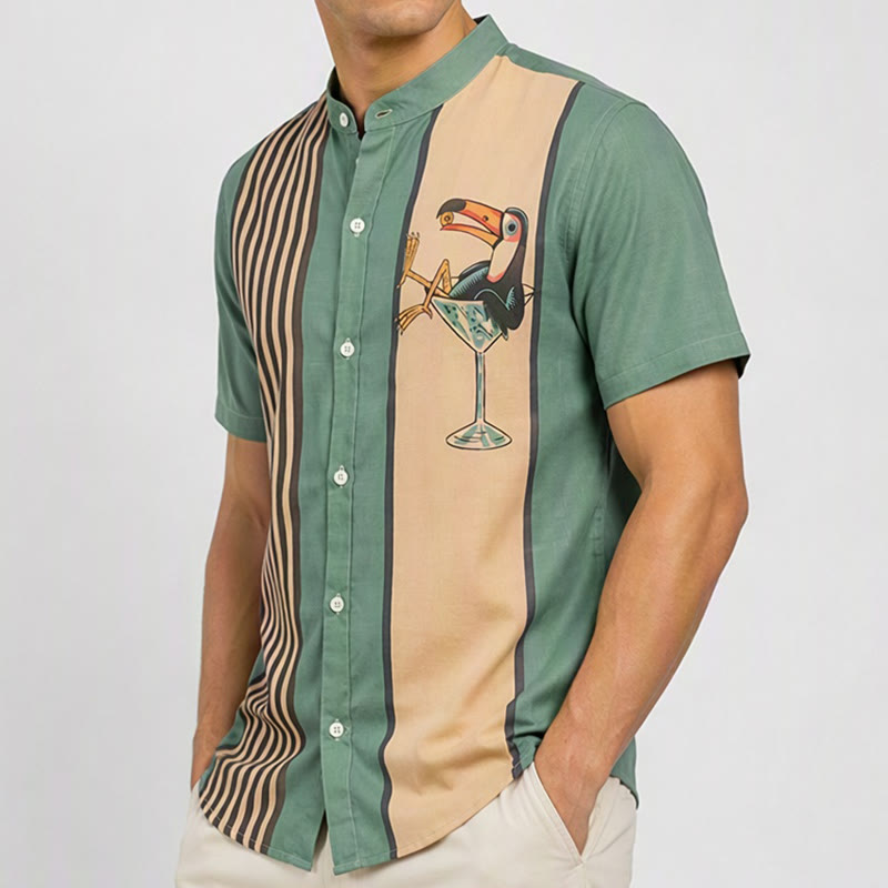 Men's Tropical Toucan Cocktail Print Vertical Stripe Summer Shirt - image 3