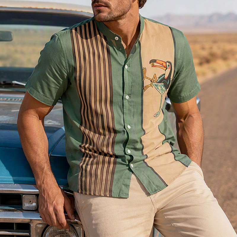 Men's Tropical Toucan Cocktail Print Vertical Stripe Summer Shirt - Style#1 - 6XL - image 0