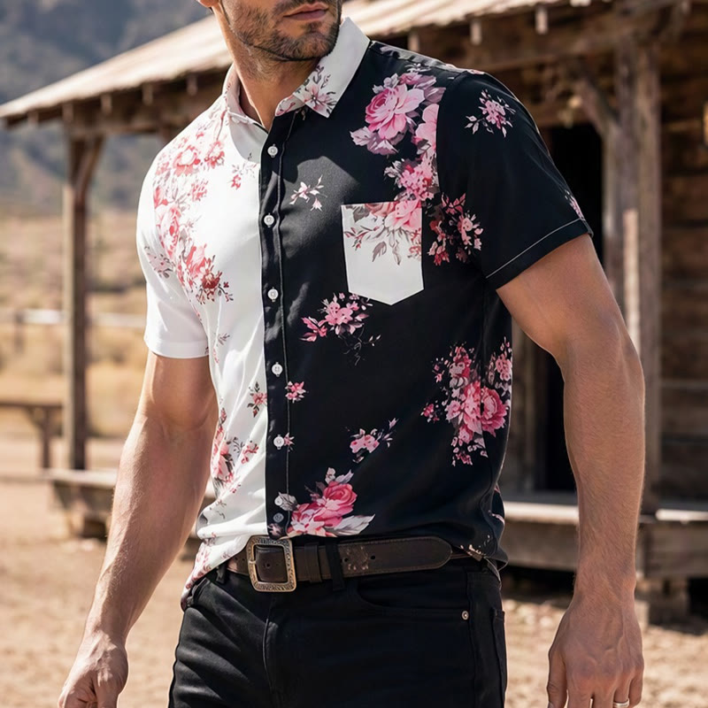 Men's Black White Contrast Rose Floral Print Casual Shirt - Style#1 - 6XL - image 0