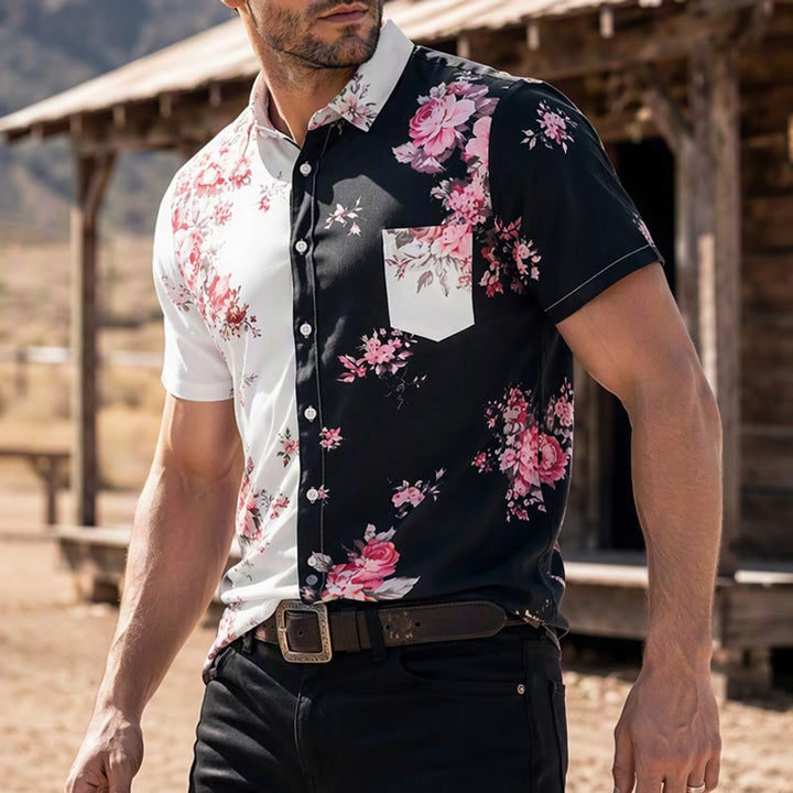 Men's Black White Contrast Rose Floral Print Casual Shirt - Style#1 - 6XL - image 0