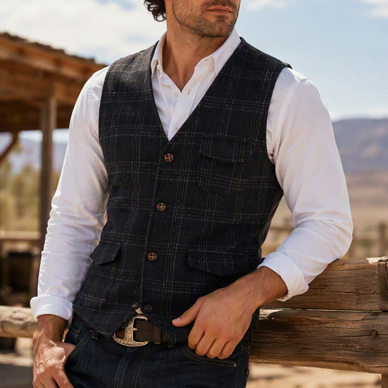 Men's Lightweight Plaid British Style Business Dress Casual Suit Vest - Black - 2XL - image 0