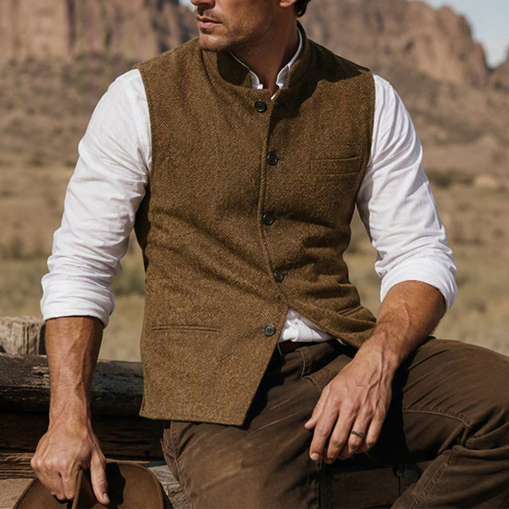 Men's Mandarin Collar Herringbone Tweed Waistcoat Suit Vest - Coffee - 3XL - image 14
