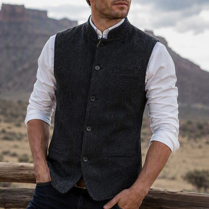 Men's Mandarin Collar Herringbone Tweed Waistcoat Suit Vest - Grey - 2XL - image 4