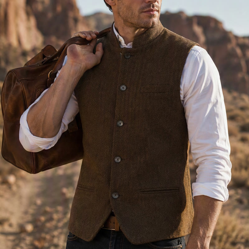 Men's Mandarin Collar Herringbone Tweed Waistcoat Suit Vest - Brown - 3XL - image 15