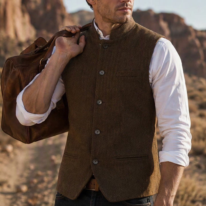 Men's Mandarin Collar Herringbone Tweed Waistcoat Suit Vest - Brown - 3XL - image 16