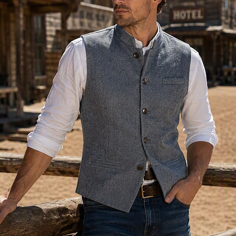 Men's Mandarin Collar Herringbone Tweed Waistcoat Suit Vest - Light Navy Blue - 3XL - image 14