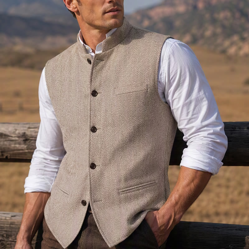 Men's Mandarin Collar Herringbone Tweed Waistcoat Suit Vest - Champagne - 3XL - image 16