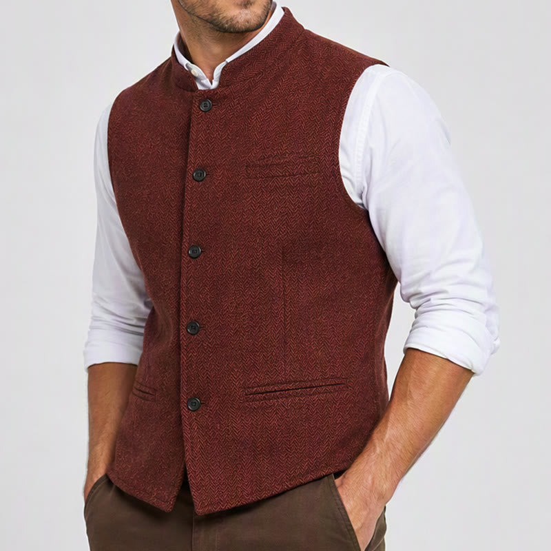 Men's Mandarin Collar Herringbone Tweed Waistcoat Suit Vest - image 2