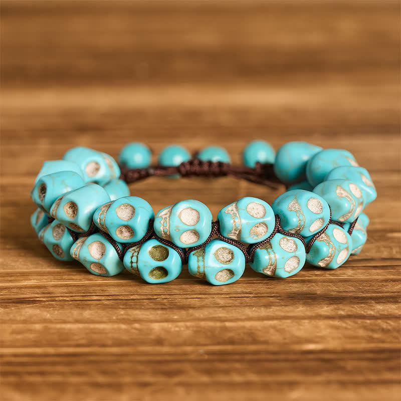 Gothic Turquoise Skull Beaded Adjustable Braided Bracelet - Blue - image 0