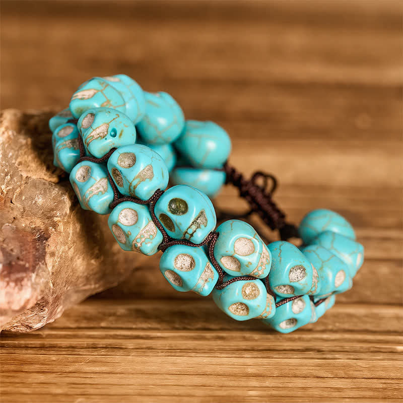 Gothic Turquoise Skull Beaded Adjustable Braided Bracelet - image 2