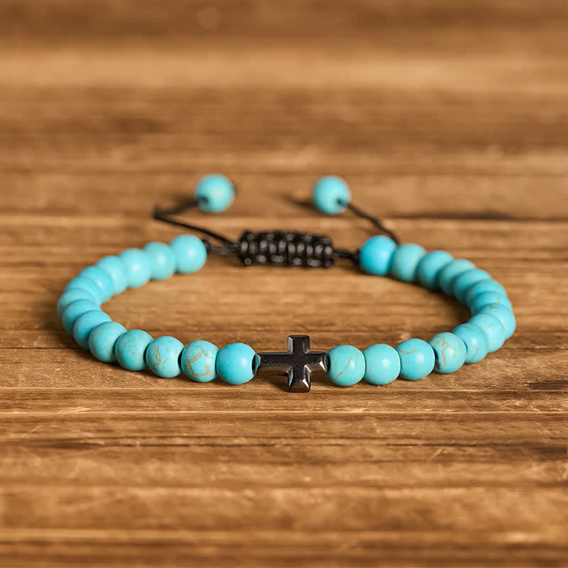 Faith Cross Turquoise Beaded Adjustable Bracelet - Turquoise - image 5