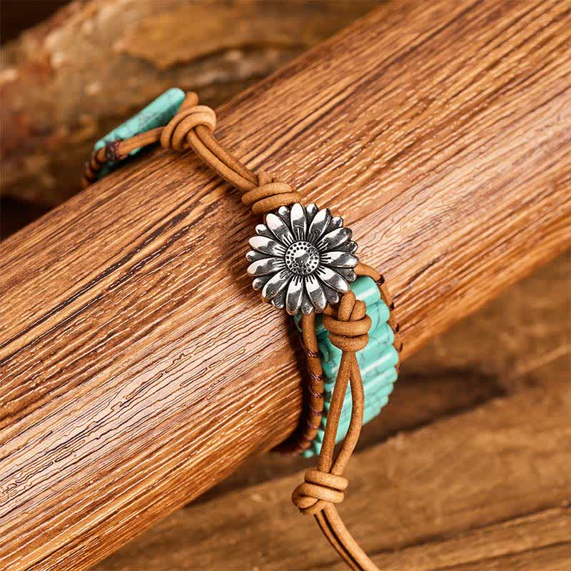 Sunflower Button Turquoise Tube Healing Leather Bracelet - image 5