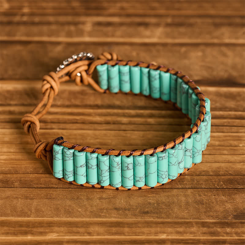 Sunflower Button Turquoise Tube Healing Leather Bracelet - image 7